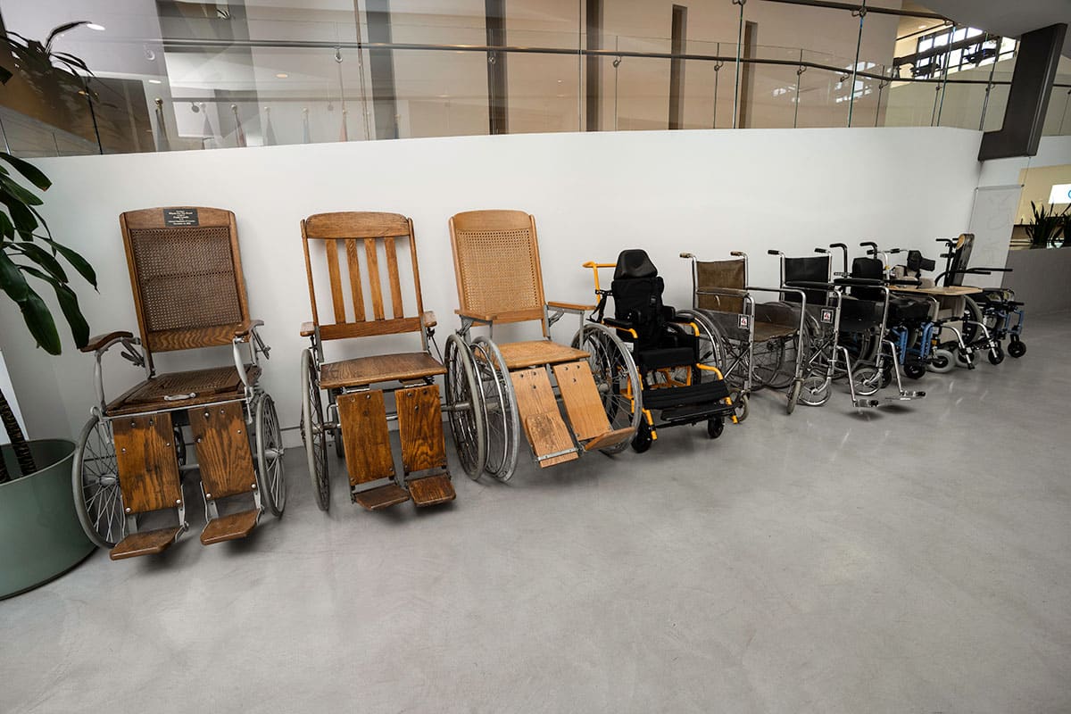 Different wheelchairs from historic chairs to modern chairs